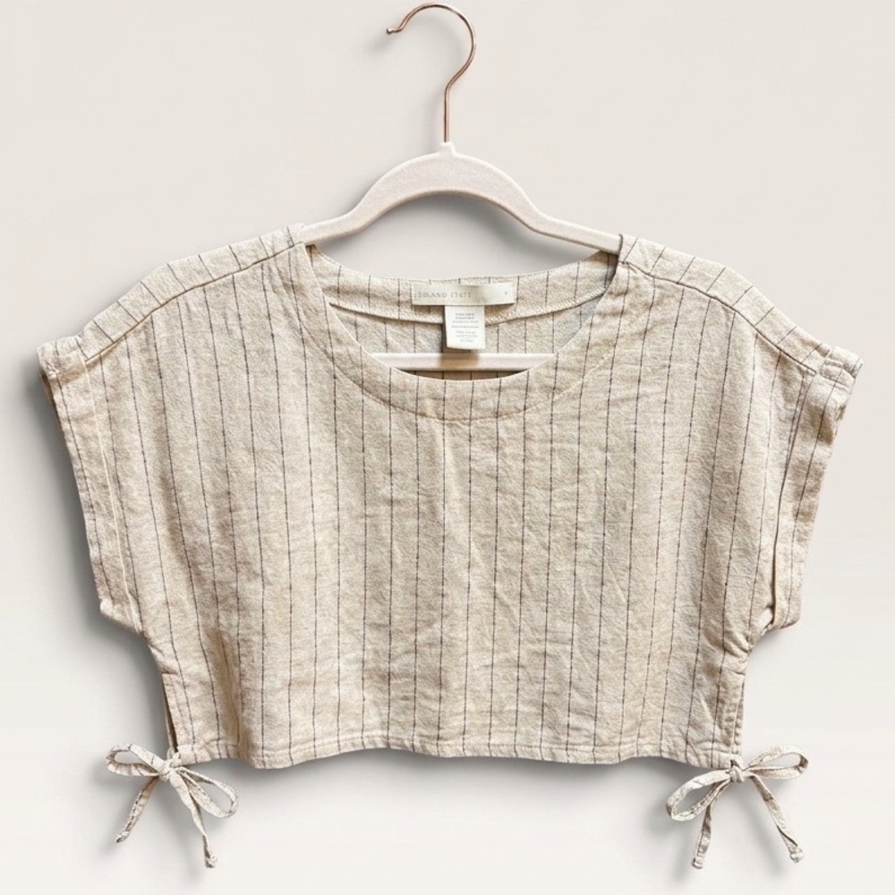 Altar'd State Linen Blend Striped Crop Top Beige Black Side Tie Large